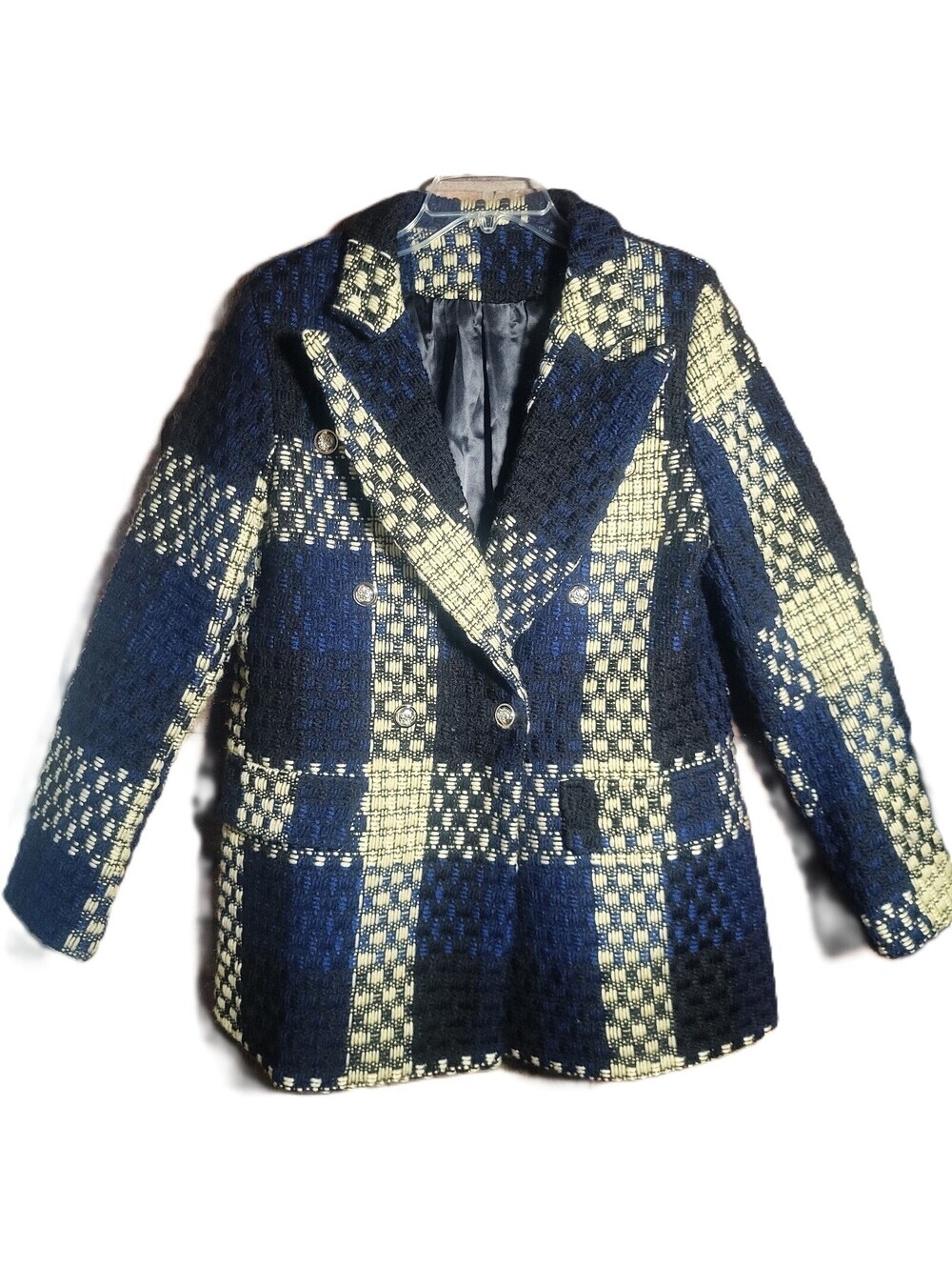 Plaid Textured Women's Jacket in Navy & Cream - Lined - Size L Classic Cottage - Picture 3 of 8